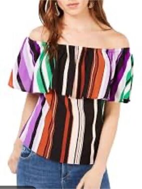 0134 Bar  III Off-Shoulder Multi-Stripe Blouse in Black, Purple, Green, Orange,